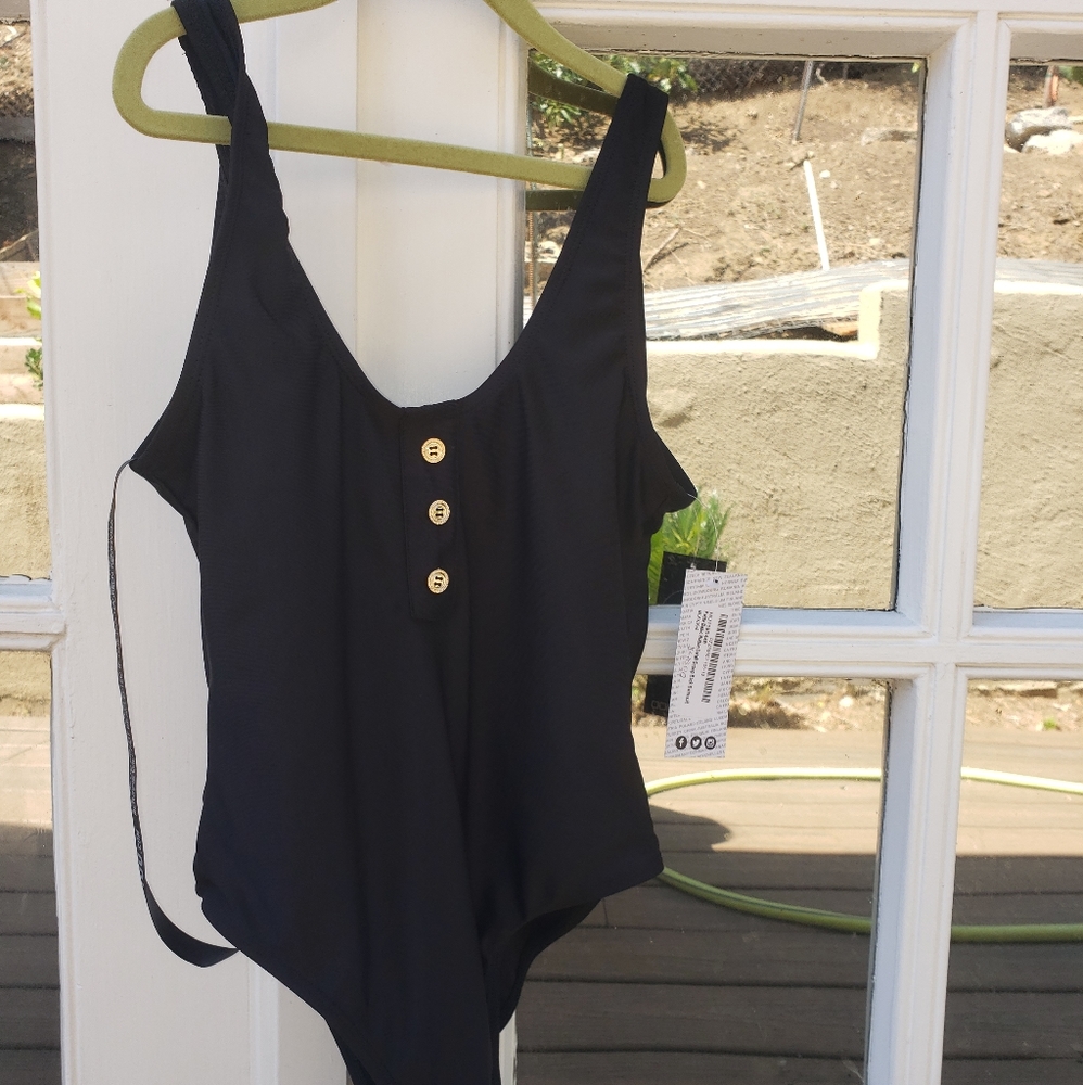 Petite Button Detail Scoop Back Swimsuit BOOHOO
